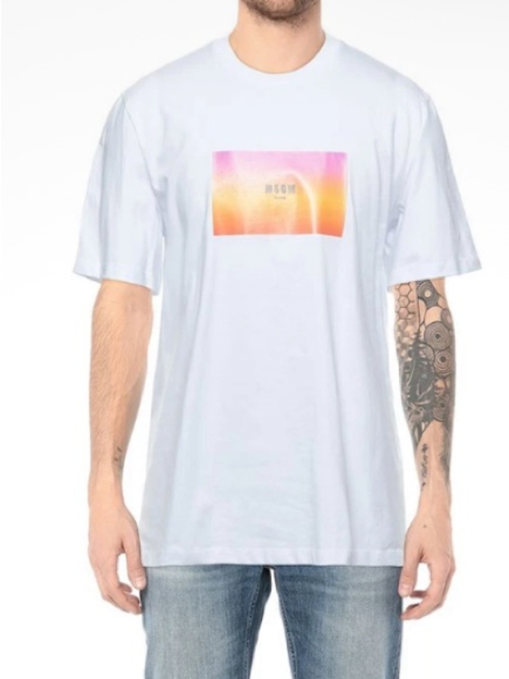 MSGM White Short Sleeve Tee with Pink-Orange Gradient Logo